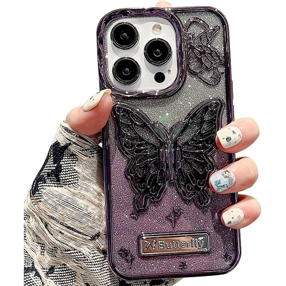 Butterfly Phone Case Compatible with iPhone 15, Luxury Glitter Cute 3D Hollow Clear Purple Electroplate Butterfly Phone Cover with Hold Stand
