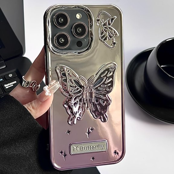 Butterfly Phone Case Compatible with iPhone 15, Luxury Glitter Cute 3D Hollow Gradient Purple Electroplate Butterfly Phone Cover with Hold Stand