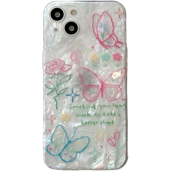 Butterfly Phone Case for iPhone 13 Pro, Cute Korea Shell Pattern Glitter Painted Colorful Line Flower Graffiti Butterfly Phone Cover for Women Girls