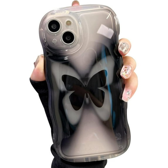 Butterfly Phone Case for iPhone 14 Pro Max, Cute Korea Clear Black Gradient 3D Butterfly Phone Cover with Butterfly Holdstand for Women Girls