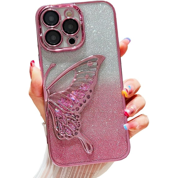 Butterfly Phone Case for iPhone 13 Pro Max,Cute Butterfly Colorful Star Sequin Liquid Quicksand Phone Case Luxury Glitter Bling 6D Electroplated Soft TPU Protector Pink