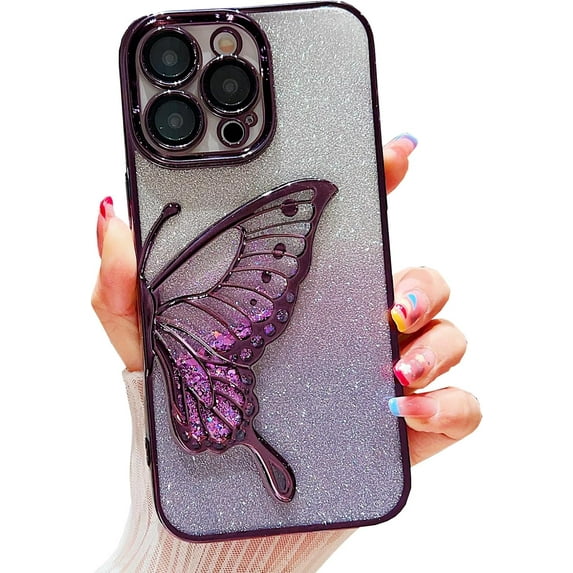 Butterfly Phone Case for iPhone 14 Pro Max,Cute Butterfly Colorful Star Sequin Liquid Quicksand Phone Case Luxury Glitter Bling 6D Electroplated Soft TPU Protector Purple