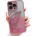 thumbnail image 1 of Butterfly Phone Case for iPhone 15,Cute Butterfly Colorful Star Sequin Liquid Quicksand Phone Case Luxury Glitter Bling 6D Electroplated Soft TPU Protector Pink, 1 of 11