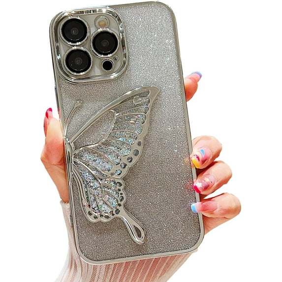 Butterfly Phone Case for iPhone 15 Pro Max,Cute Butterfly Colorful Star Sequin Liquid Quicksand Phone Case Luxury Glitter Bling 6D Electroplated Soft TPU Protector Silver