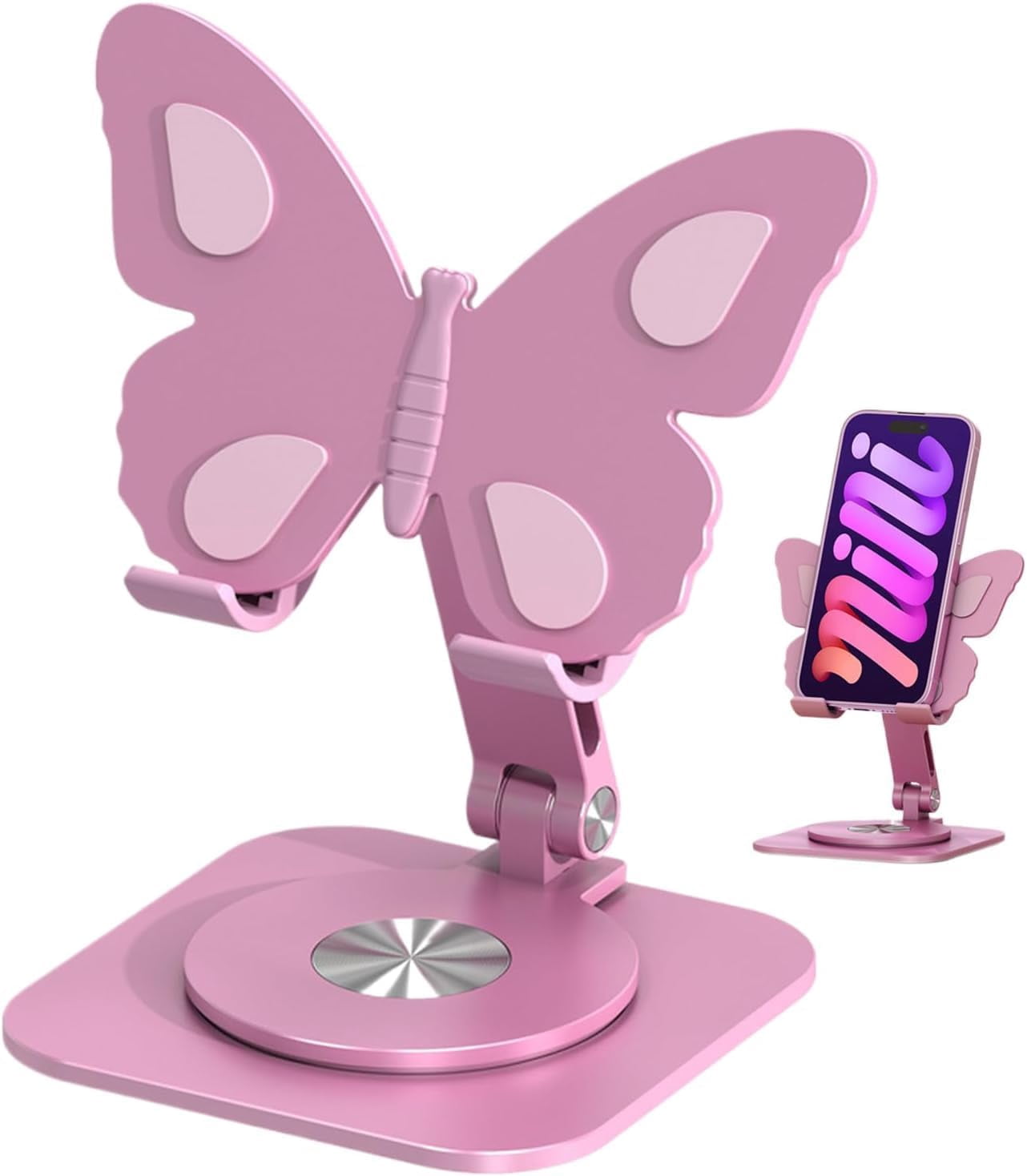 Butterfly Phone Holder Stand, 360° Rotating Aluminum Alloy Desktop Stand – Multi-Angle Adjustable Foldable Dock for Home, Office, Travel, Pink, Compatible with All Smartphones