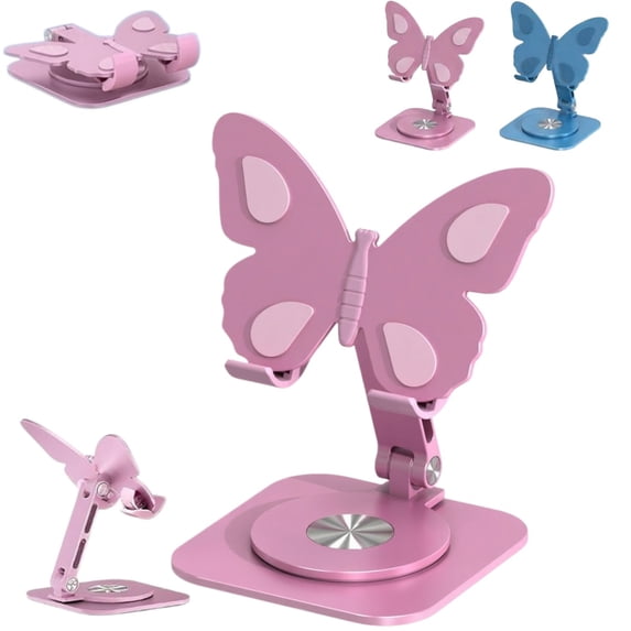 Butterfly Phone Stand for Desk, 360° Rotating Cell Phone Holder, Height & Angle Adjustable Aluminum Desktop Phone Stand, Foldable Portable Phone Holder Compatible with Smartphones and Tablets(Pink)