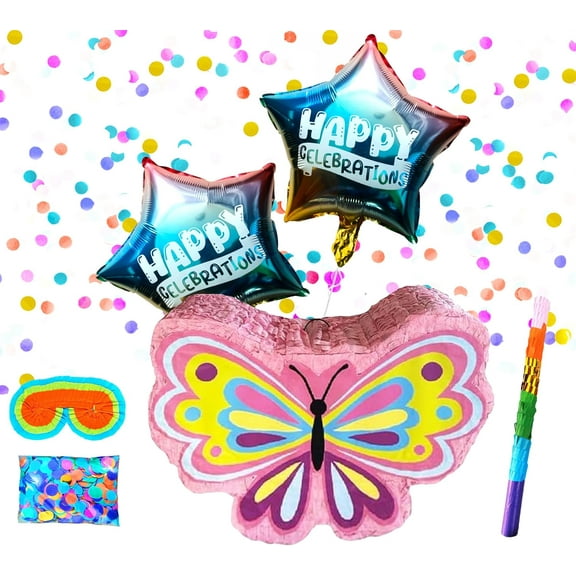 Butterfly Pinatas Perfect for Girls Butterfly Themed Birthday Party, Pink Butterfly Pinatas, Butterfly Decor & Fun Party Supplies Includes Busterstick, Blindfold, Confetti and 2 Ballons