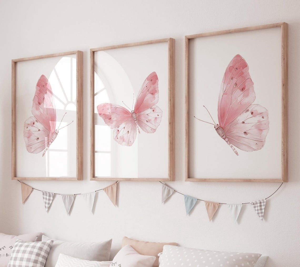 Butterfly Pink Boho Nursery Wall Art Prints, Nursery, Gallery Wall And