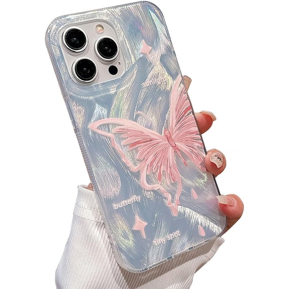 Butterfly Pink Glitter Laser Fantasy Feather Yarn TPU Case Compatible with iPhone Case (iPhone 14 Plus)