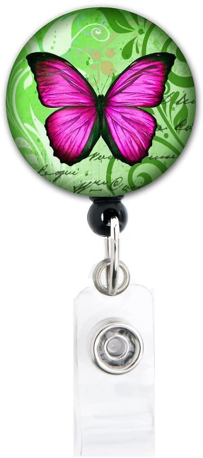 Butterfly Pink and Green - Retractable Badge Reel With Alligator Clip Badge  Holder