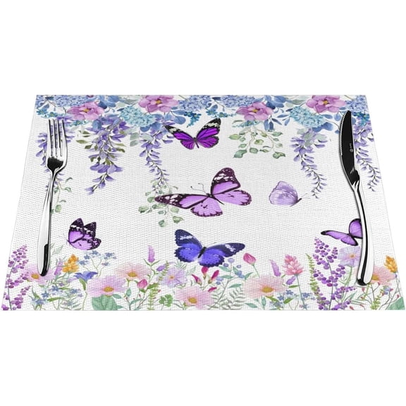 Butterfly Placemats,Spring Summer Purple Floral Lavender Leaves Botanical Print Table Place Tables Mat for Kitchen Dining Party Indoor Outdoor Hotel,12x18 in Set of 6