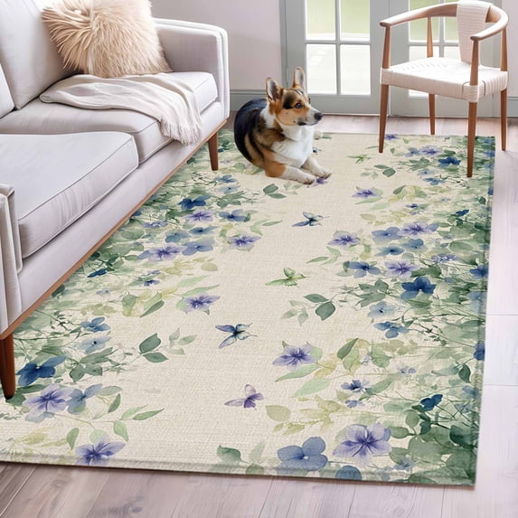 Green Butterfly Rug Butterfly Plant 3'x5' Washable Rug, Green Purple Watercolor Country ...