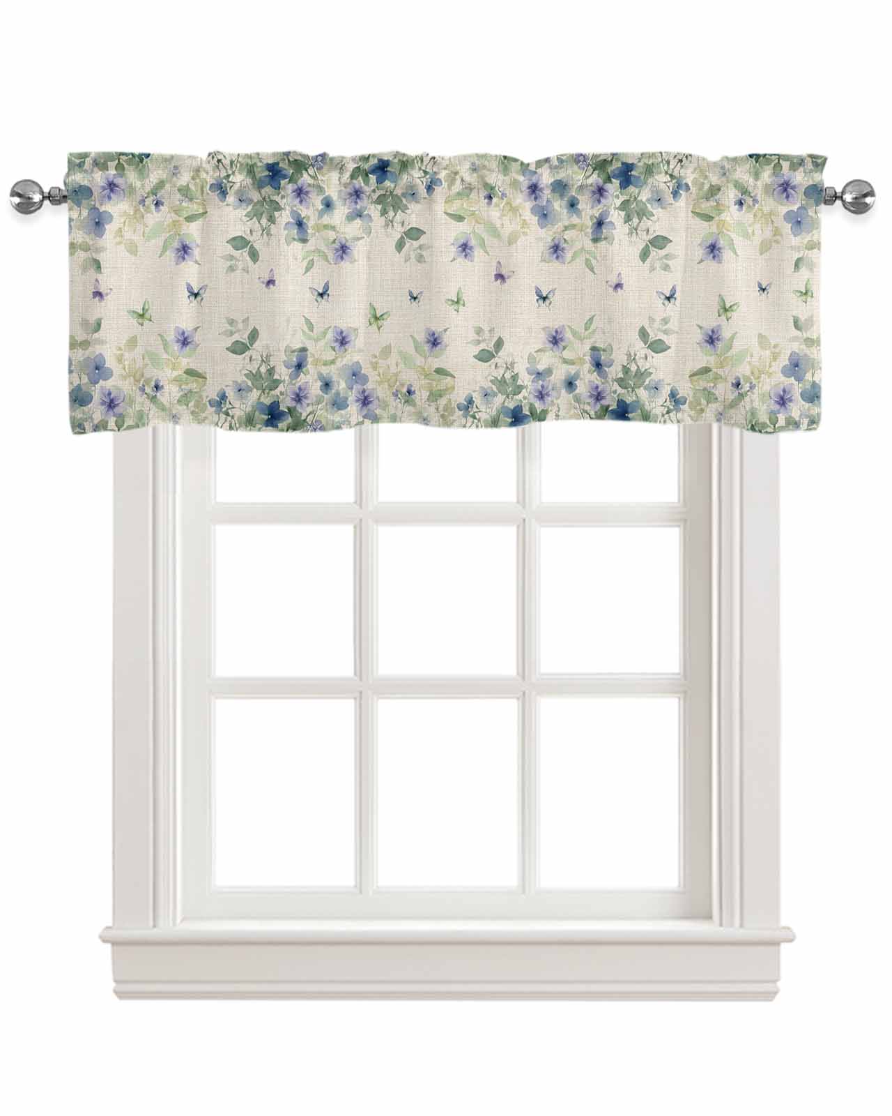 Butterfly Plant Kitchen Valances for Windows Farmhouse Linen Window Valance Curtain for Living Room Window Treatment Green Purple Watercolor Country Leaf Valance Rod Pocket Topper Drape, 60 x 18 Inch
