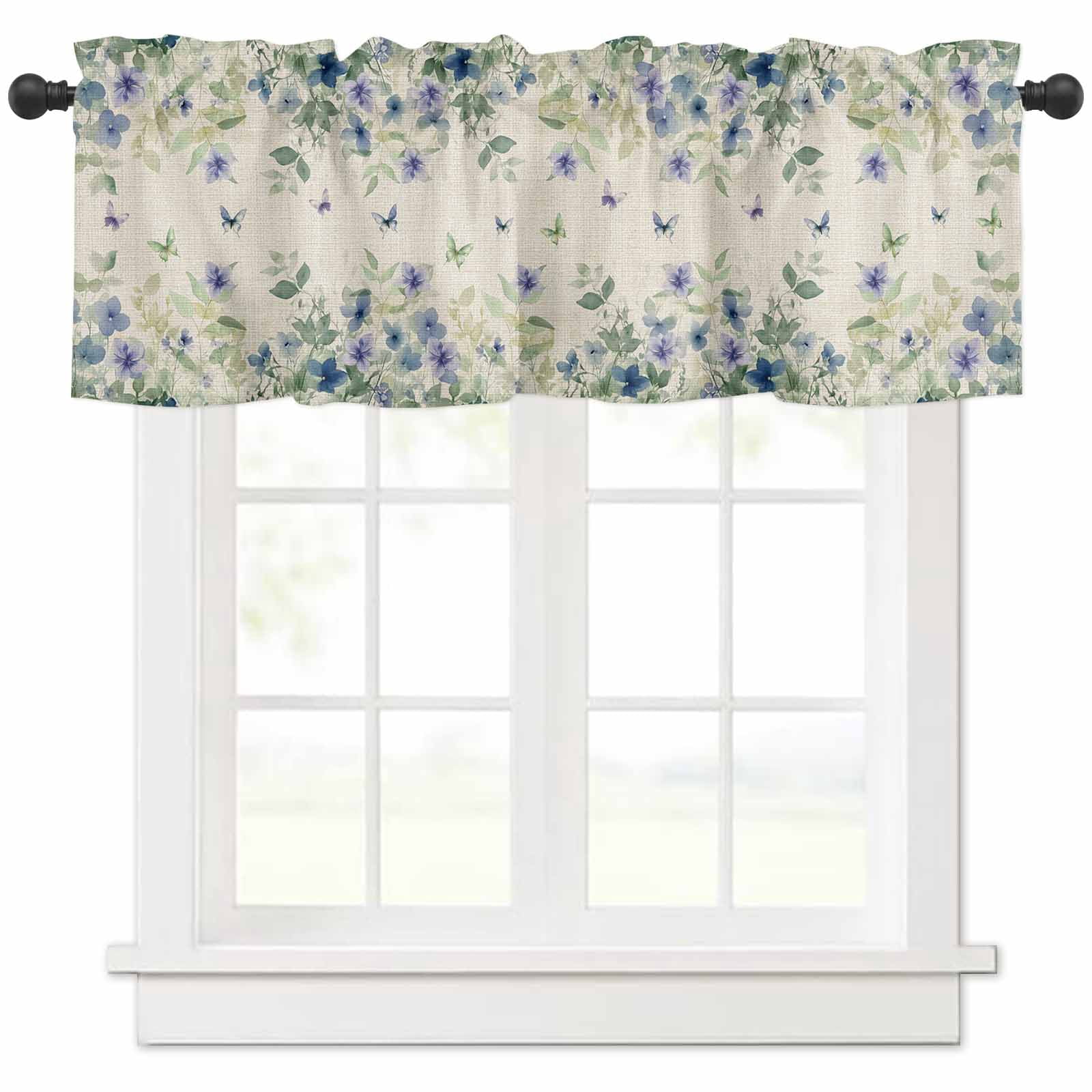 Spring Wildflowers & Butterflies Window Valance - Blue Yellow Floral Short Curtain, 42" X 12", Light Filtering Polyester