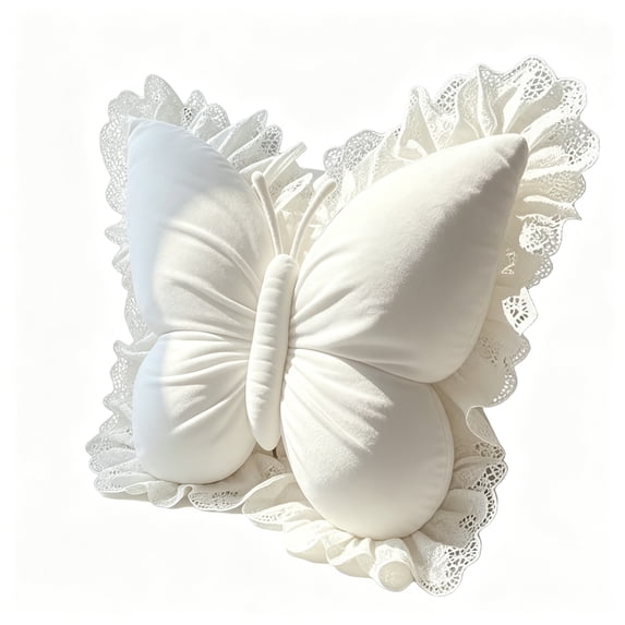 Butterfly Plush Pillow Lumbar Support Cushion 21 Inch Velvet Throw for Bedroom Decor or Car Backrest White