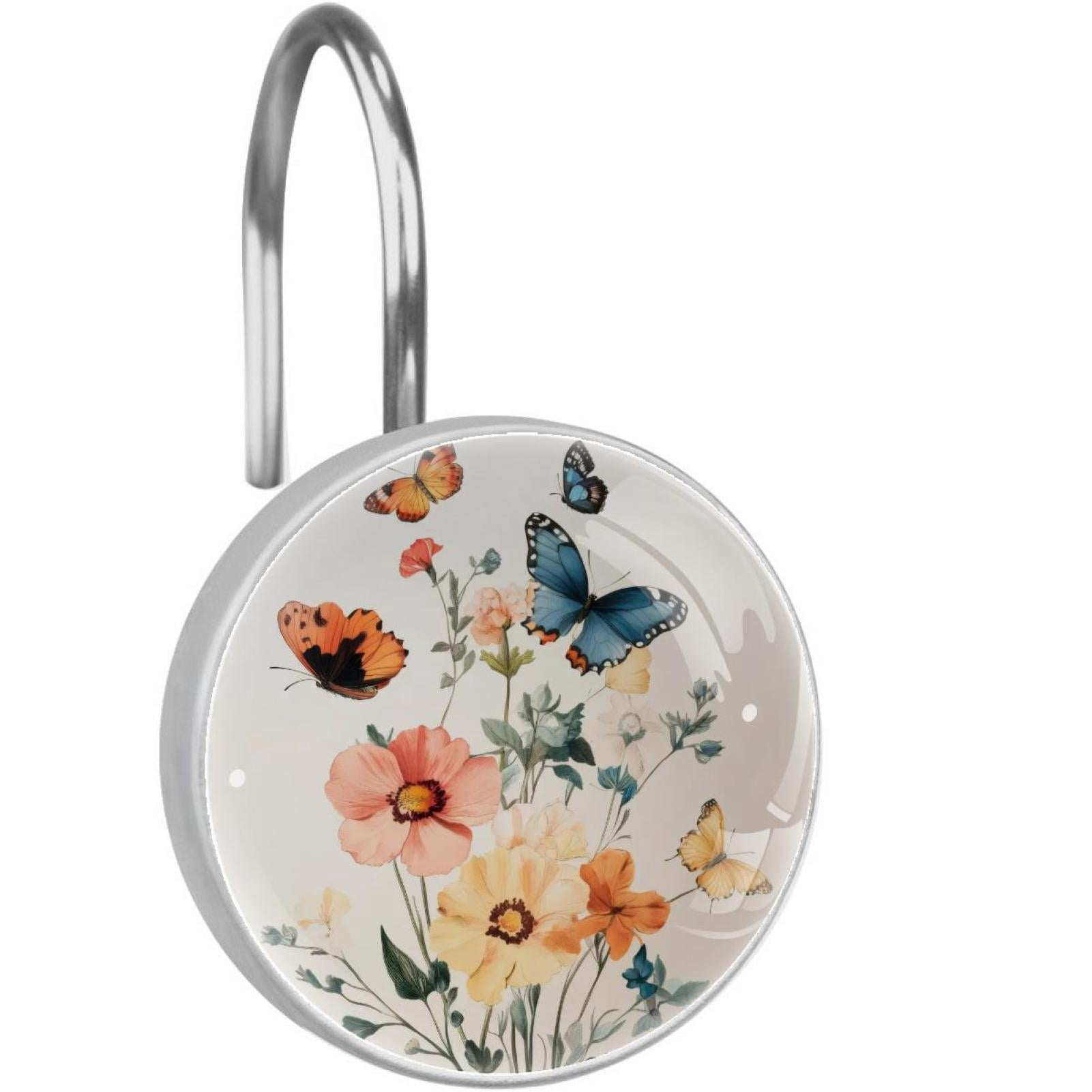 Butterfly Poppies Flowers Shower Curtain Hooks Round Crystal Glass, Set of 12 Shower Curtain Rings - Shower Hooks for Curtain Shower Rings