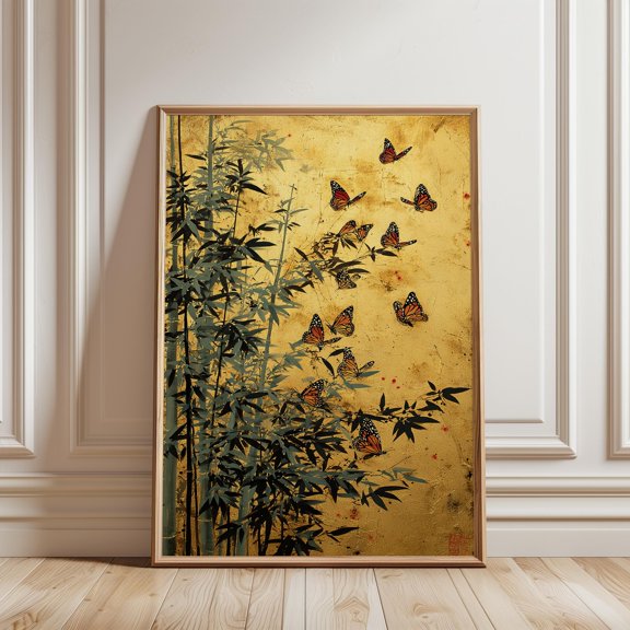 Butterfly Poster, Golden Monarch with Bamboo, Asian Inspired Art, Poster Only