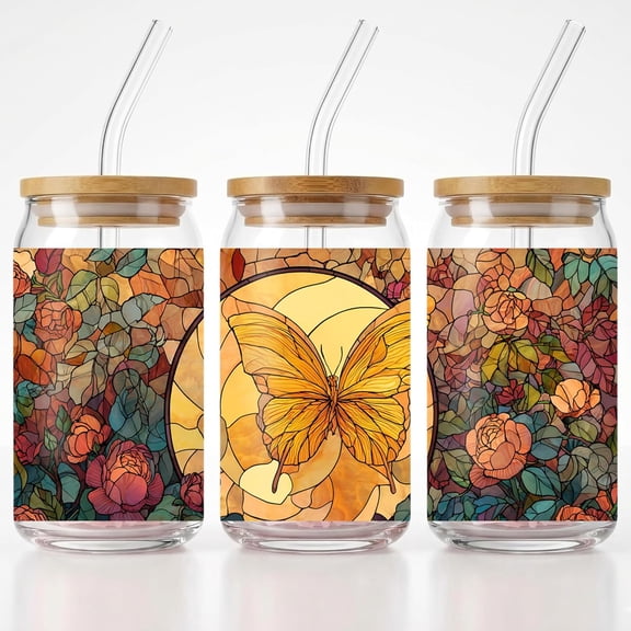 Butterfly Preppy Glass Can Cup With Stained, Aesthetic Clear Glass Drinking Cup with Bamboo Lid and Straw