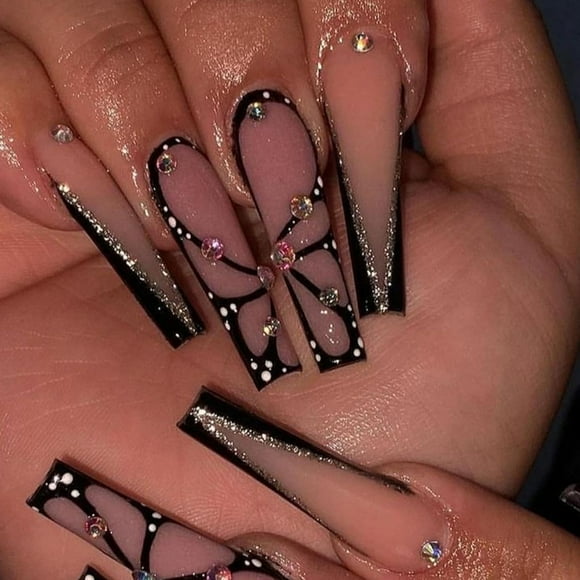 Butterfly Press on Nails Long Coffin Fake Nails Black False Nails with Design Rhinestones Stick on Nails Full Cover French Tip Glossy Acrylic Nails Silver Glitter Glue on Nails for Women Manicure