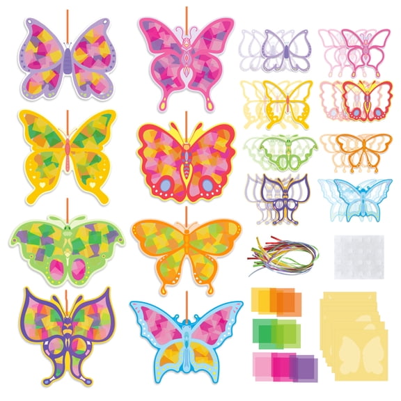Butterfly / Princess Suncatchers Craft Kits DIY Butterfly Shaped Stained Glass Effect Tissue Paper Kits Bulk for Window Decor Spring Summer Party Favors Home Art Activities Gift Supplies