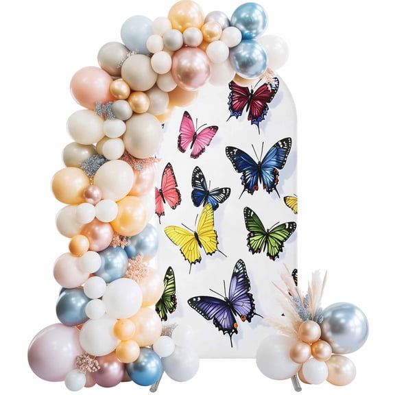 Butterfly Print Arch Backdrop Cover, Spandex Fitted Wedding Arch Cover, Modern Colorful Animals Round Top Stand Covers for Birthday Ceremony Bridal Shower Party Decor 5x2.1 Ft
