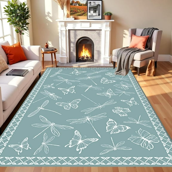 Butterfly Print Area Rug, Classical Border Abstract Line Art White Butterflies Dragonflies Insect Pattern Print Rugs, Ultra-Thin Large Carpet For Dining Room Playroom 3x5ft