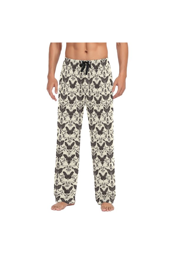 Butterfly Print Beige Background Mens Pajama Pant Sleep and Lounge Bottons with Pockets