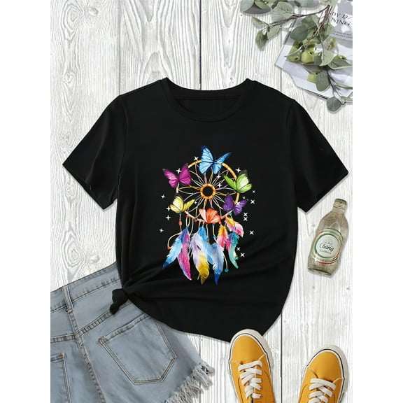 Butterfly Print Casual T-shirt, Polyester Blend Crew Neck Short Sleeve Tee for Women