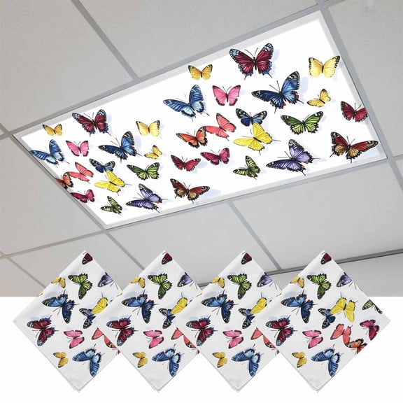 Butterfly Print Fluorescent Light Covers, Modern Colorful Animals Magnetic Light Covers for Ceiling Lights, Fluorescent Ceiling Shade Filters for Classroom Bedroom Office 4x2Ft x 4PCS