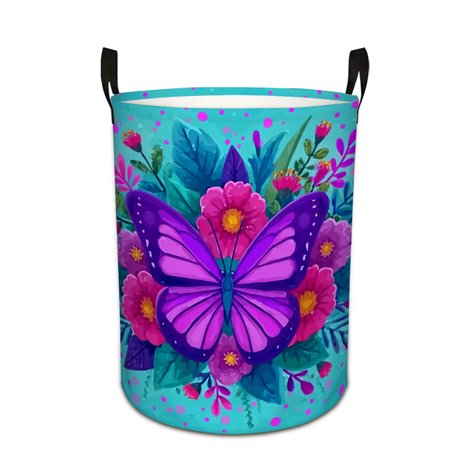 Butterfly Print Laundry Basket & Storage Bin - Foldable Large Capacity Round Hamper for Bedroom, Laundry Room, Dorm