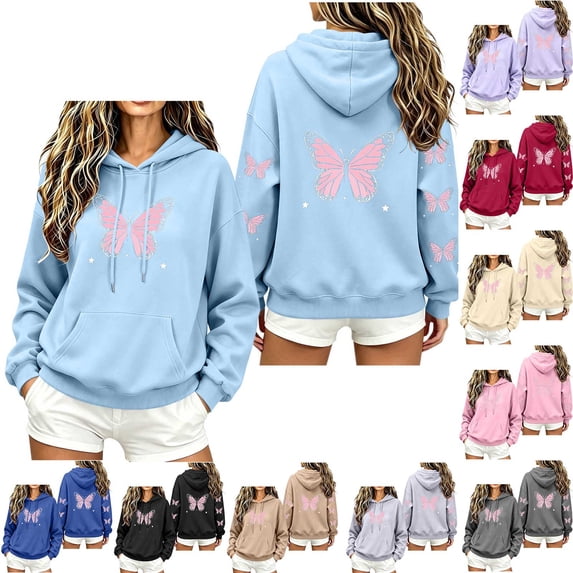 Butterfly Print Long Sleeve Hoodies For Women Teen Fall Fleece Lined Fashion Cute Graphic Pullover Hooded Sweatshirt