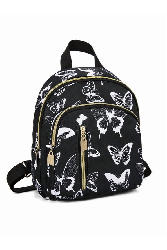 Butterfly Print Mini Backpack Black And White-2 Nylon With Goldtone Zippers