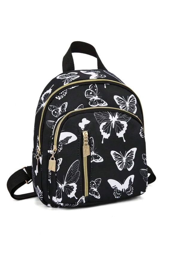 Butterfly Print Mini Backpack Black And White Nylon With Goldtone Zippers