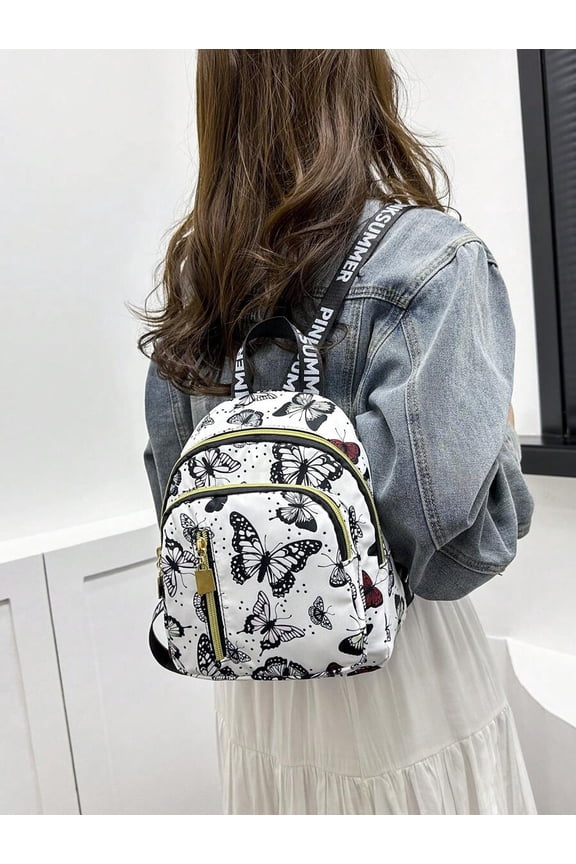 Butterfly Print Mini Nylon Backpack White With Goldtone Zippers