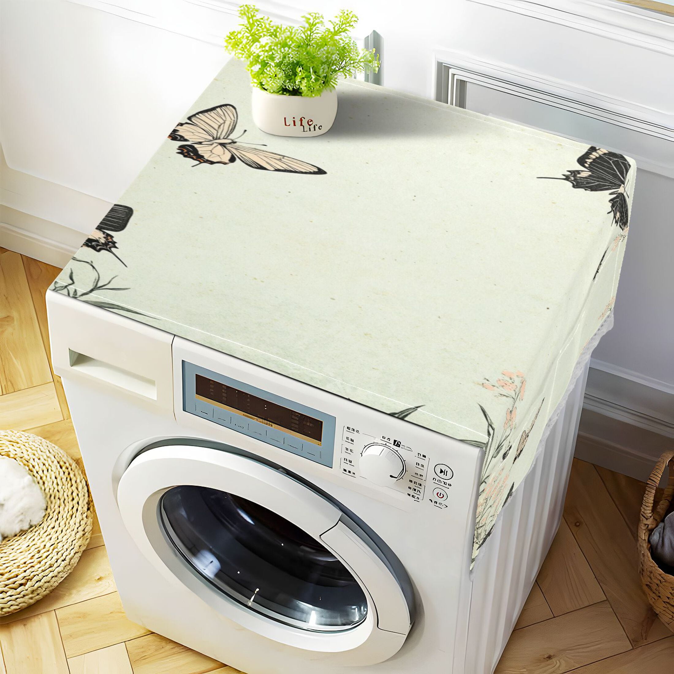 Butterfly Print with Pastel FlowersWasher and Dryer Covers Dust-Proof and Oil Resistant Fridge Cover with 4 Storage Pockets Washing Machine Top Cover for Laundry Kitchen Home 51.2 x 22 In