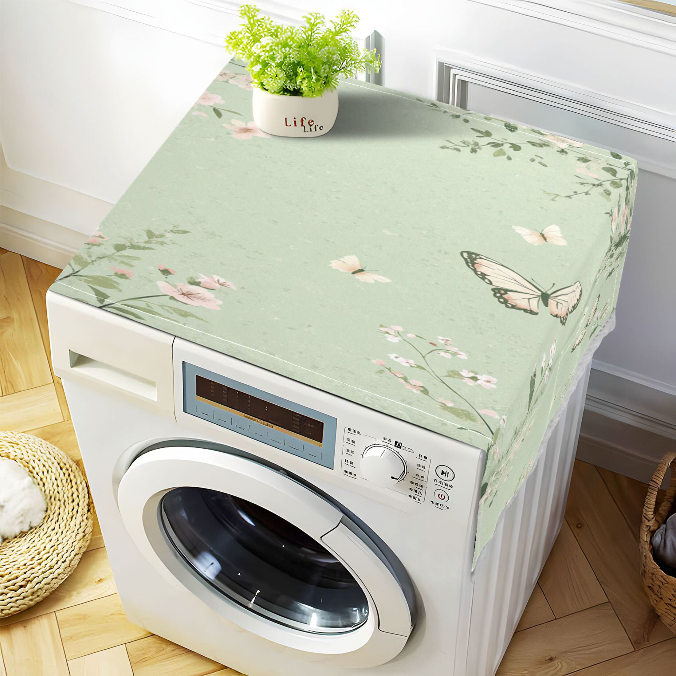 Butterfly Print with Pastel FlowersWasher and Dryer Covers Dust-Proof and Oil Resistant Fridge Cover with 4 Storage Pockets Washing Machine Top Cover for Laundry Kitchen Home 51.2 x 22 In