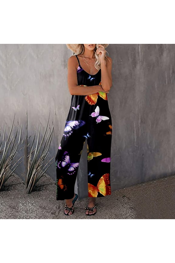 Butterfly Print Straps Jumpsuits for Women Loose Fiited Wide Leg Lounge Beach Vacation Rompers