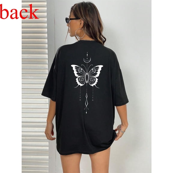 Butterfly Print Tee Drop Shoulder Graphic Design T Shirt Womens Soft Comfort Tops Casual Style Black S-5XL