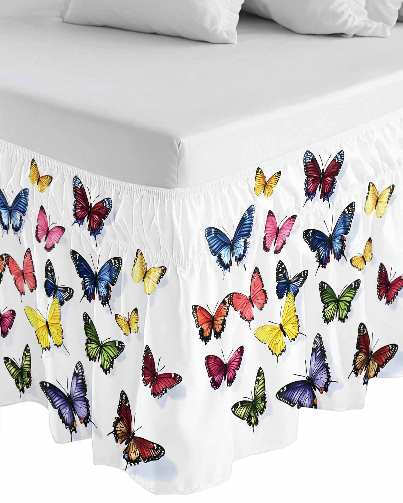 Butterfly Print Wrap Around Bed Skirts for Queen Bed 18" Drop, Bed Skirt with Adjustable Elastic Belt Dust Ruffle Bed Valance for Bedroom Hotel Luxury Modern Colorful Animals Bed Frame Cover