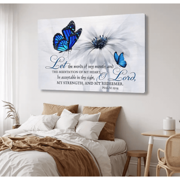 Butterfly Psalm 19:14 Bible Verse Christian Canvas Wall Art, Scripture Print, Inspirational Religious Wall Decor Gift