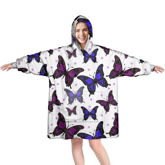 Butterfly Purple Blue Dot Pattern Wearable Oversized Blanket,Wearable Blanket Hoodie for Adults,Cozy Hooded Blankets with Super Pockets,Super Warm Fuzzy Pullover for Women & Men