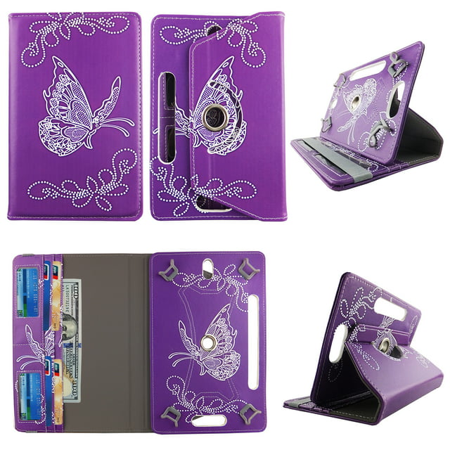 Butterfly Purple tablet case 10 inch for Visual Land Prestige 10" 10inch android tablet cases 360 rotating slim folio stand protector pu leather cover travel e-reader cash slots