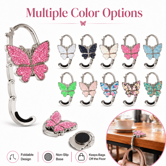 Butterfly Purse Hook for Table, Foldable Handbag Hanger for Women, Portable Bag Holder with Non-Slip Base, Bling Butterfly Table Hook for Restaurant Office Travel Gift (Rose Pink)
