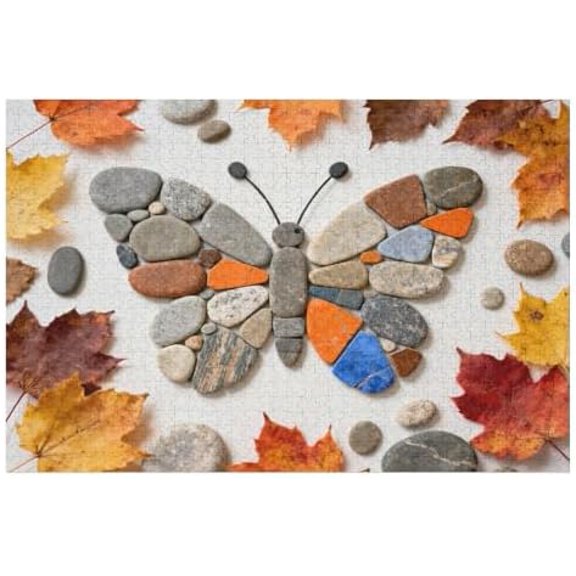 Butterfly Puzzles for Adults 1000 Pieces, Mosaic Stone Art Colorful Wings Jigsaw Puzzle, Butterfly Nature Aesthetic Puzzle Fall Leaves Pebble, Challenge for Adults