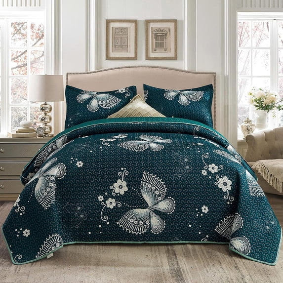 Butterfly Queen Quilt Set - Soft Microfiber Lightweight 3-Piece for All Season, Dark Green (1 Quilt, 2 Shams)