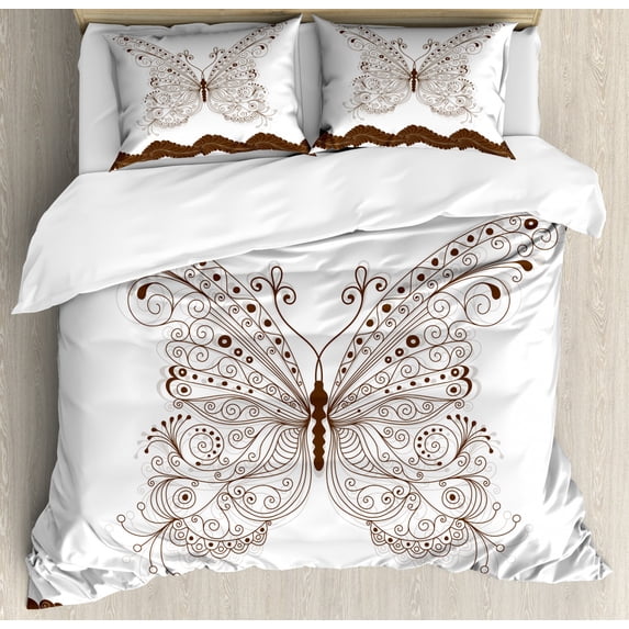 Butterfly Queen Size Duvet Cover Set, Butterfly Artwork with Swirled Wings Vintage Ornate Fashion Style Print, Decorative 3 Piece Bedding Set with 2 Pillow Shams, Brown Grey White, by Ambesonne