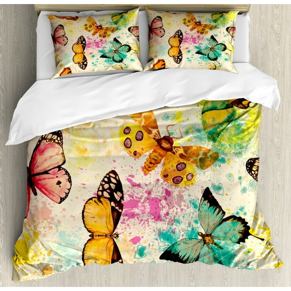 Butterfly Queen Size Duvet Cover Set, Watercolor Murky Grungy Butterflies with Color Splashes Be Mindful Boho Art Print, Decorative 3 Piece Bedding Set with 2 Pillow Shams, Multicolor, by Ambesonne