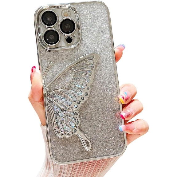 Butterfly Quicksand Glitter Bling Aesthetic TPU Case for Women Girls Compatible with iPhone Case (Silver,iPhone 15)