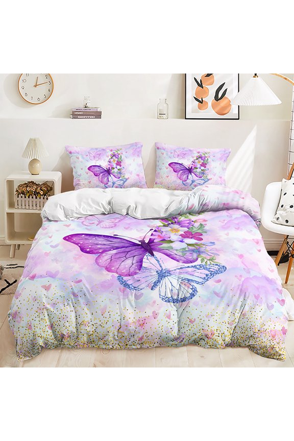 Butterfly Quilt Set Rainbow Watercolor Printed Pattern Bedding 3D Color Butterfly Bedding Pink and Blue Girl Butterfly Duvet Set1 sheet + 2 pillowcases