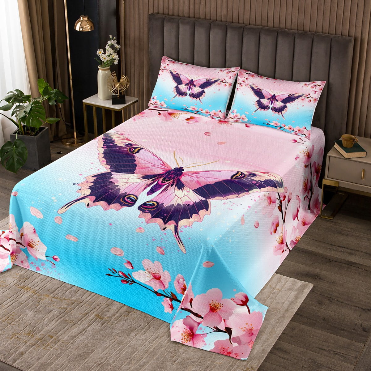 Butterfly Quilt Set Rustic Aesthetic Animal King Bedspread Set for Boys,Cherry Blossom Coverlet